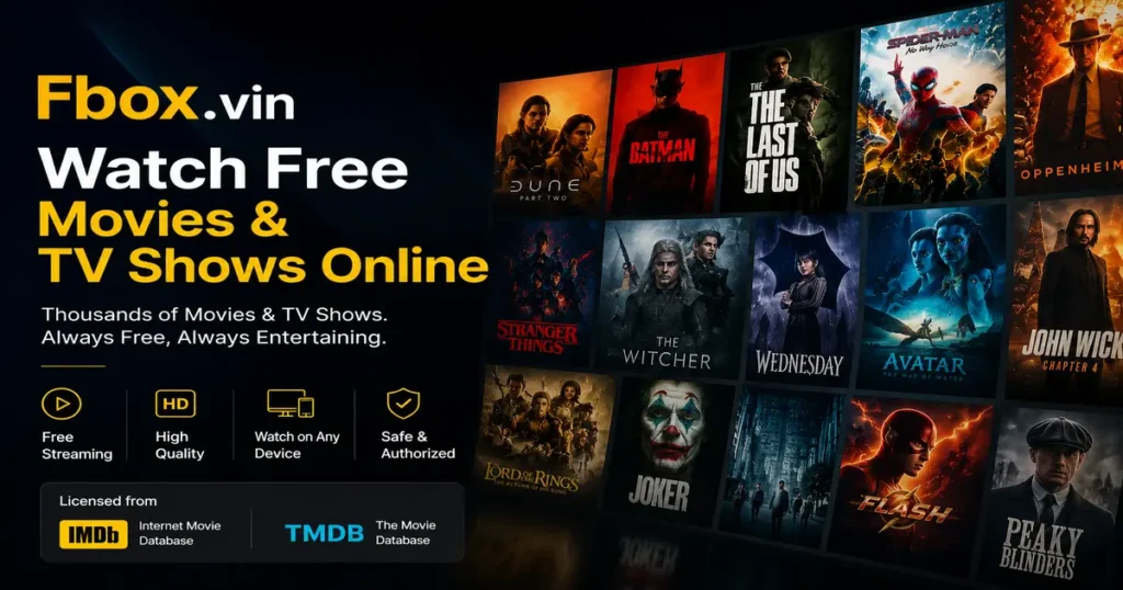 Fbox.vin featured banner promoting free online movie and TV show streaming with bold yellow and white typography on a dark cinematic background and a collage of entertainment-themed posters.